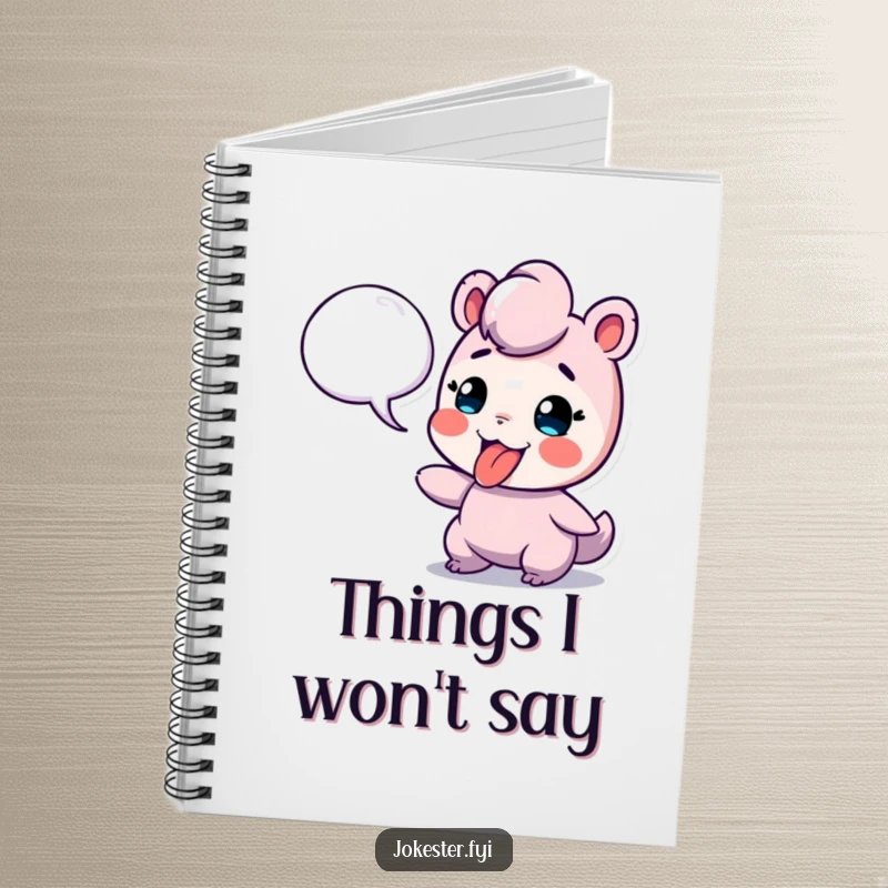 Funny notebook with a playful character sticking its tongue out at a speech bubble, inspiring sassy note-taking.
