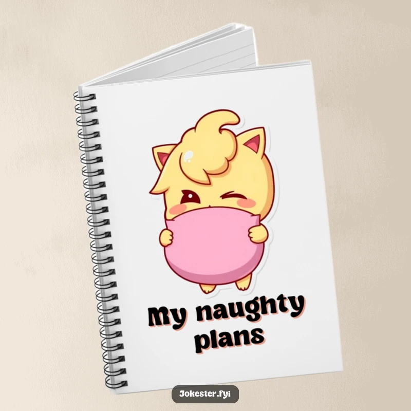 Funny whoopee cushion notebook with a mischievous winking character holding a whoopee cushion, perfect for notes and prank planning.