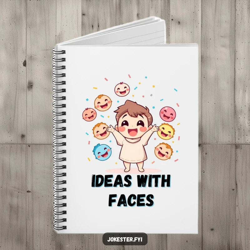 Funny notebook featuring a happy character throwing confetti while juggling colorful smiling and laughing faces, ideal for writing.