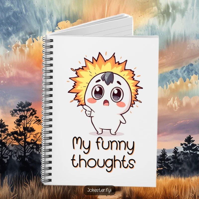 Funny Kawaii character with surprised eyes pointing at an expanding explosion of humor on the cover of a notebook.