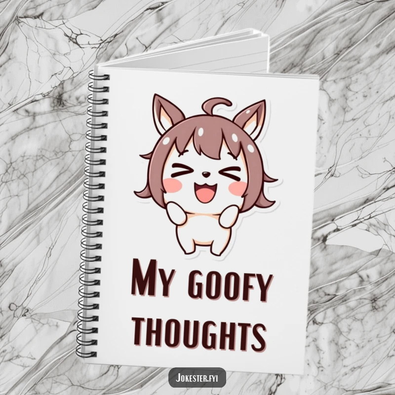 Funny joyful character making a silly face and crossing its eyes, spiral notebook, journal, goofy cartoon art, creative writing gift, funny gift.