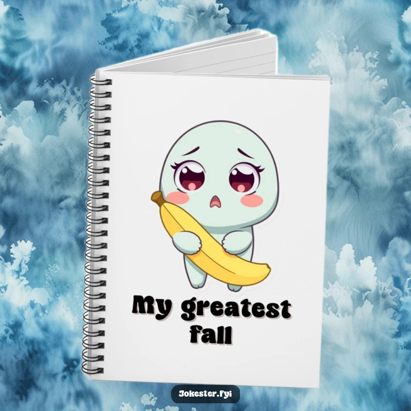Funny notebook with a surprised character holding a banana peel after slipping, inspiring humorous note-taking.