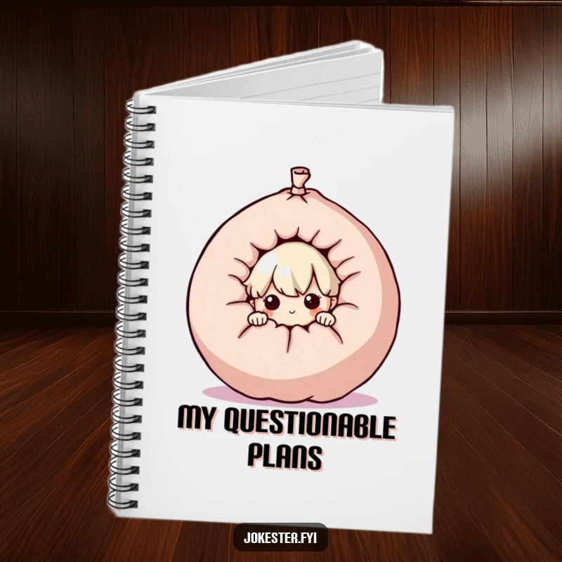 Funny curious character peeking from behind a giant whoopee cushion, spiral notebook, journal, prankster art, creative writing gift, funny gift.