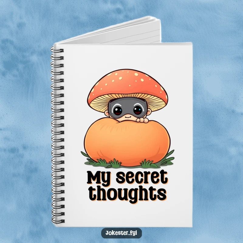 Funny notebook cover with a curious character in a funny mask, peeking from behind a large, colorful puffball mushroom. Inspires creativity and intrigue.