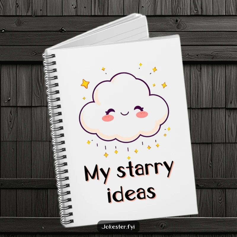 Funny notebook cover featuring a happy cloud character raining sparkling stars, perfect for creative notes.