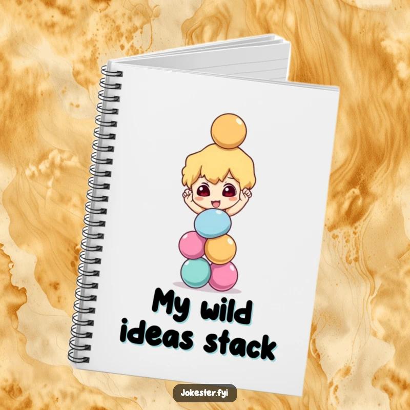 Funny mischievous character balancing a stack of colorful balls precariously, spiral notebook, journal, juggling art, creative writing gift, funny gift.