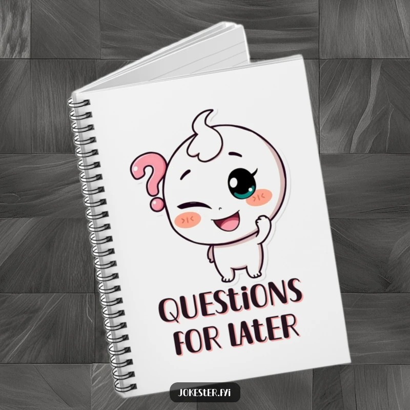 Funny notebook with a character mischievously tickling a floating question mark, perfect for jotting down questions and ideas.