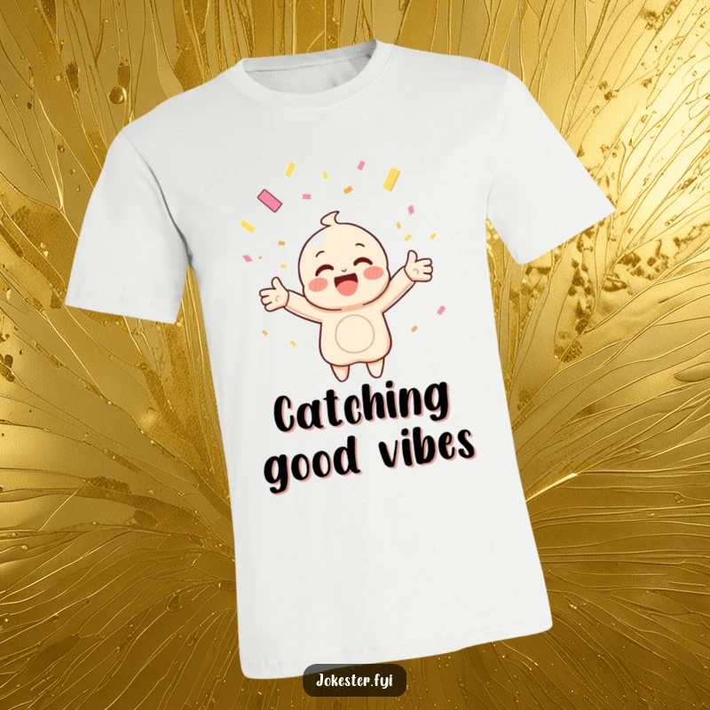 Funny t-shirt showing a happy character with arms outstretched, catching falling confetti, radiating happiness and festive energy.