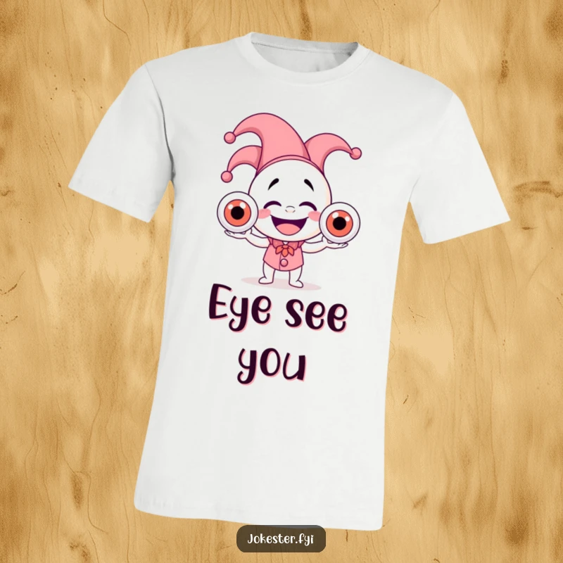 Funny t-shirt featuring a laughing jester in a hat, hilariously attempting to juggle three giant, wobbly eyeballs.