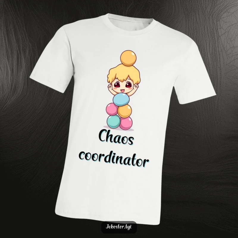 Funny mischievous character balancing a stack of colorful balls precariously, humorous graphic tee, juggling art, playful apparel, funny gift.