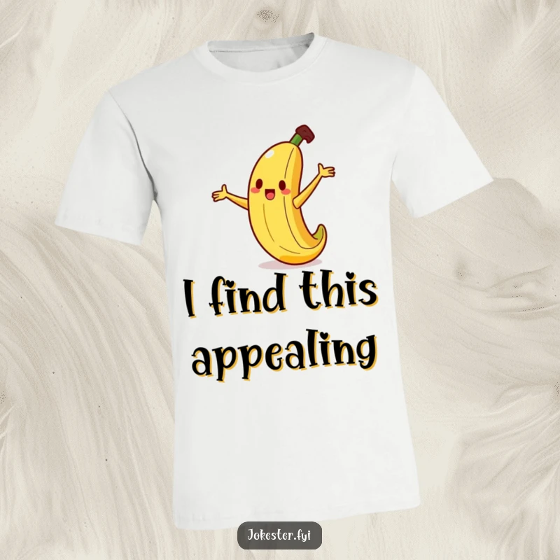 Funny banana t-shirt featuring a silly banana character humorously slipping on a small peel, arms flailing playfully, pure comedy.