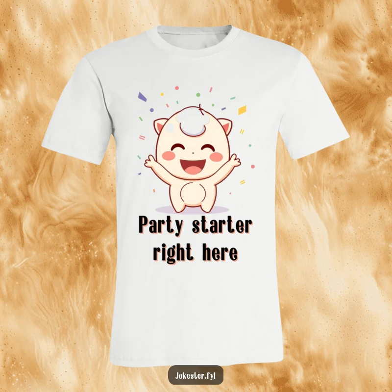 Funny confetti throwing t-shirt, a playful character grinning widely while enthusiastically tossing colorful confetti into the air.