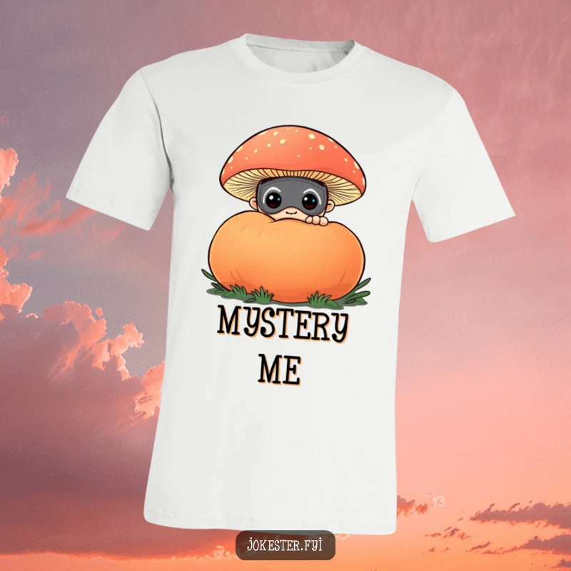 Funny t-shirt showcasing a curious character in a funny mask, mischievously peeking from behind a large, vibrant puffball mushroom. Playful and intriguing.
