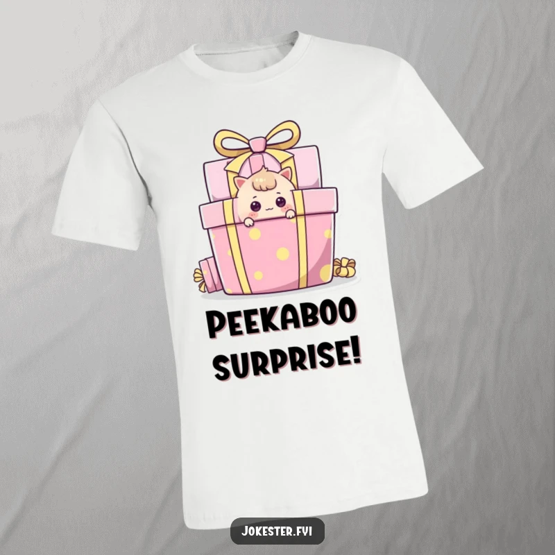 Funny T-Shirt of a curious character peeking around a colorful gift box, expressing intrigue and humor.