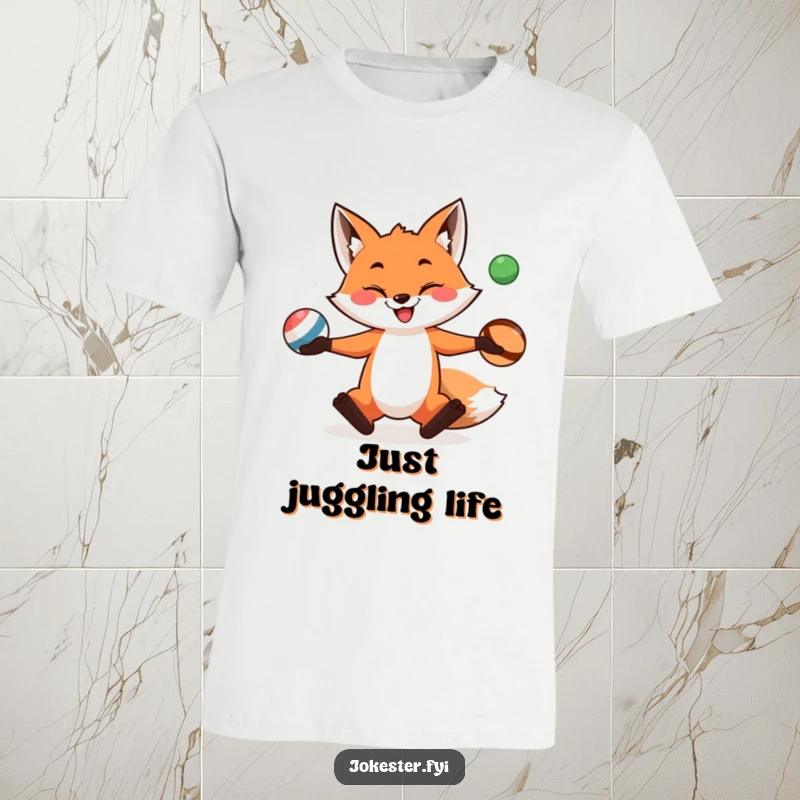 Funny fox, looking sly, is expertly juggling three bright balls, embodying playful chaos on a t-shirt.