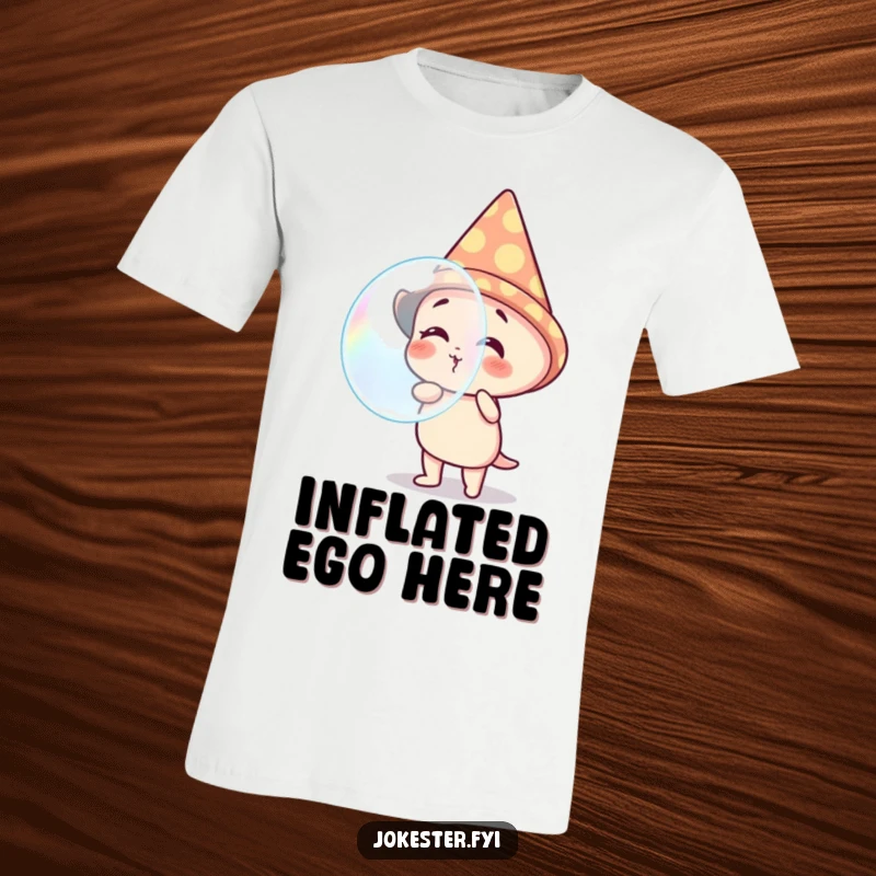 Funny t-shirt showcasing a giggling character in a party cone hat, enthusiastically blowing a huge, vibrant bubble. Pure joy captured.
