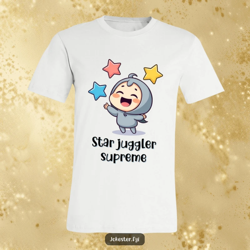 Funny juggling stars t-shirt, a giggling character enthusiastically juggling colorful stars with sheer delight. A humorous and uplifting graphic tee.