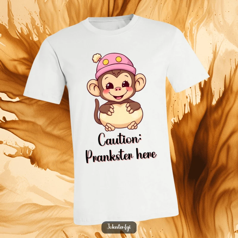 Funny monkey t-shirt featuring a smiling monkey wearing a silly hat and holding a whoopee cushion, ready to prank.