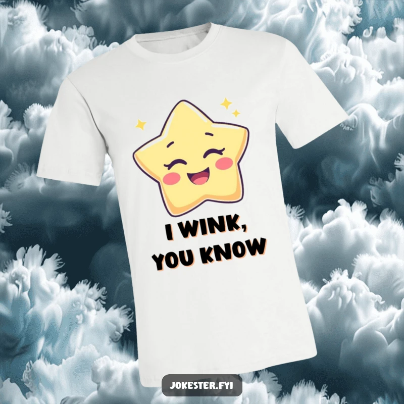 Funny Star T-Shirt depicting a joyful, cosmic character winking playfully with a bright, twinkling eye, exuding happiness.