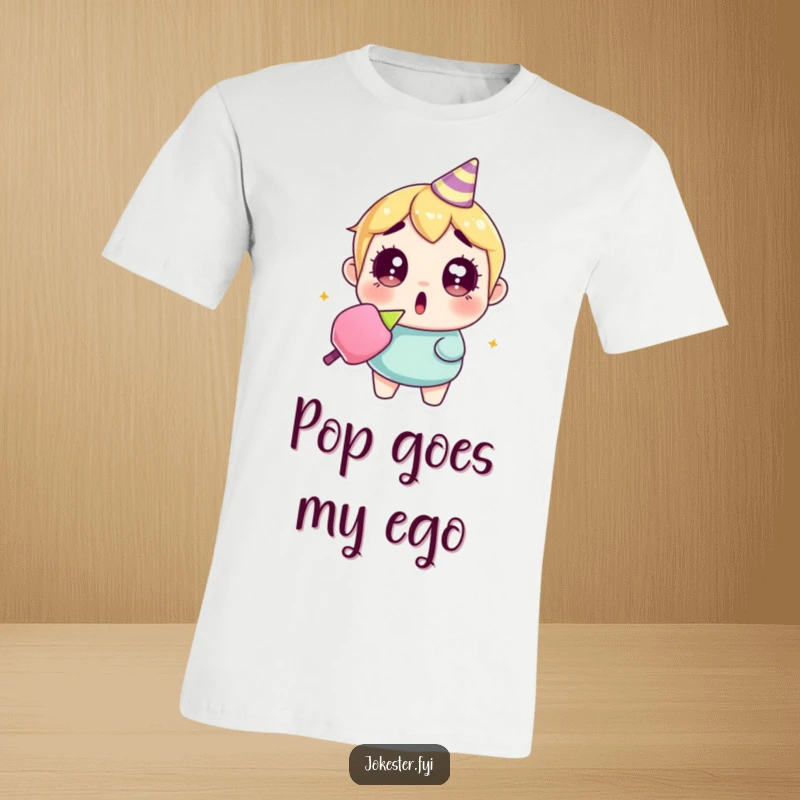 Funny surprised party popper t-shirt depicting a person with comically wide eyes, holding a confetti-strewn, recently discharged party popper.