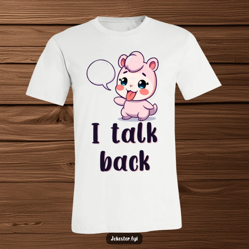 Funny t-shirt featuring a character playfully sticking its tongue out at an empty speech bubble, conveying sass and humor.