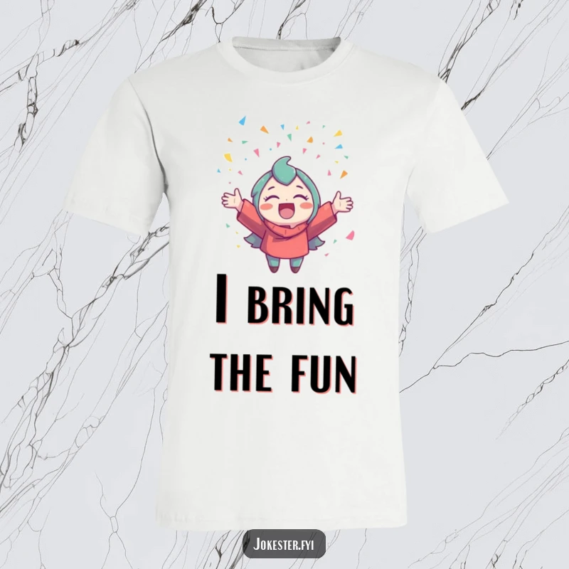 Funny Confetti T-Shirt: A delighted character throws a cascade of colorful confetti, expressing pure joy.