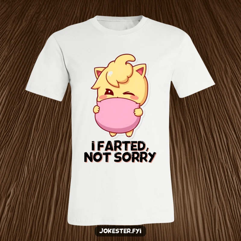 Funny whoopee cushion t-shirt depicting a cheeky character with a knowing wink, holding a whoopee cushion, signaling a prank is imminent.