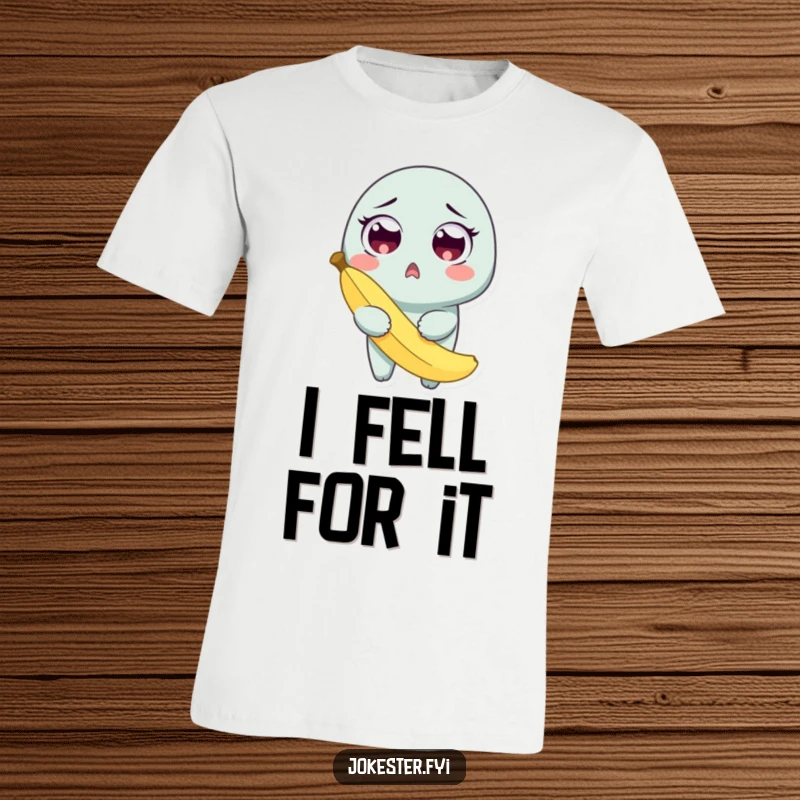 Funny t-shirt featuring a character looking surprised, holding a banana peel they just slipped on, depicting a classic gag.