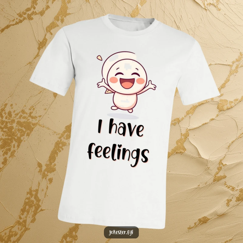 Funny speech bubble t-shirt showcasing a gleeful character mid-bounce, laughing heartily, a symbol of pure, unadulterated happiness.