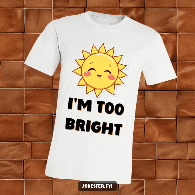 Funny sun t-shirt showing a happy smiling sun character tilting its head playfully, a symbol of warmth and cheerful humor.