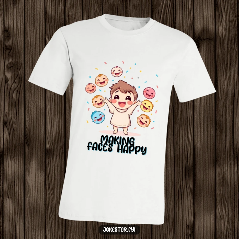 Funny t-shirt showing a happy character juggling colorful laughing faces and throwing confetti, radiating pure joy.