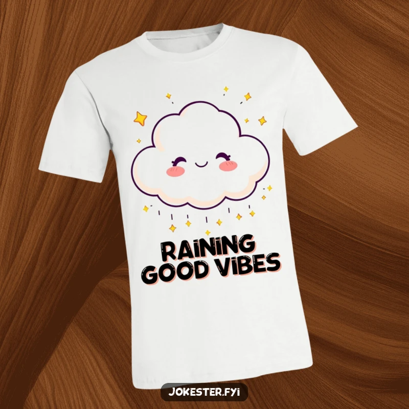 Funny t-shirt featuring a cheerful cloud character smiling and raining sparkling stars, radiating joy.