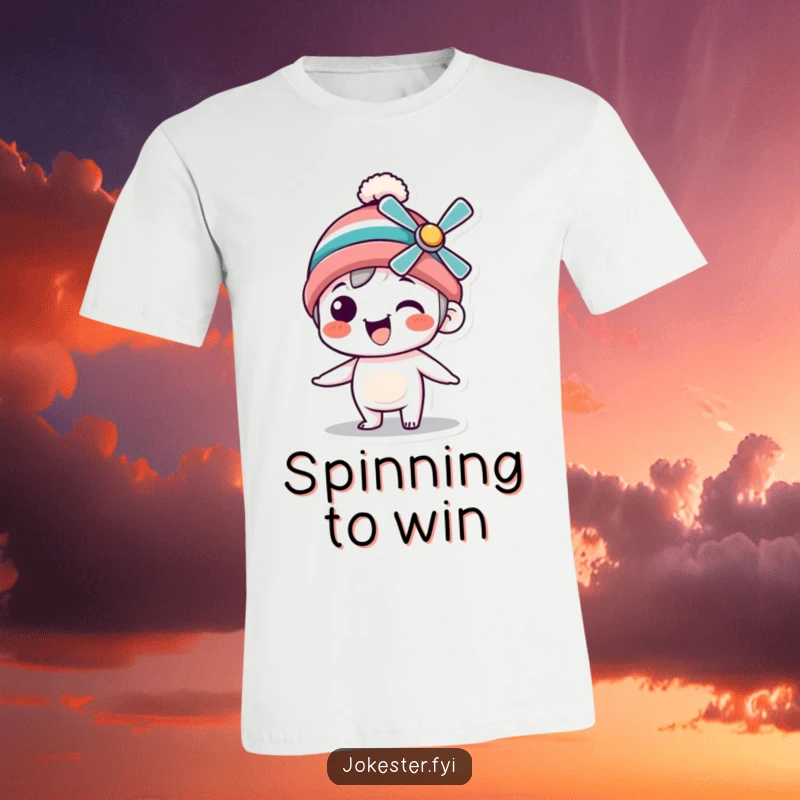 Funny T-Shirt featuring a silly character wearing a propeller beanie, captured mid-spin with ecstatic delight and boundless energy.