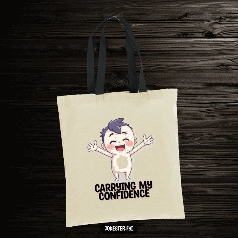 Funny Tote Bag with a joyful character in a silly, exaggerated pose, great for shopping and gifting.