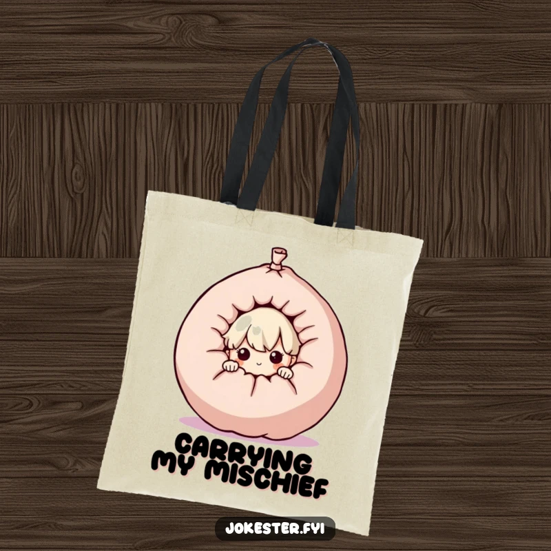 Funny curious character peeking from behind a giant whoopee cushion, reusable tote bag, prankster art, playful accessory, unique funny gift.