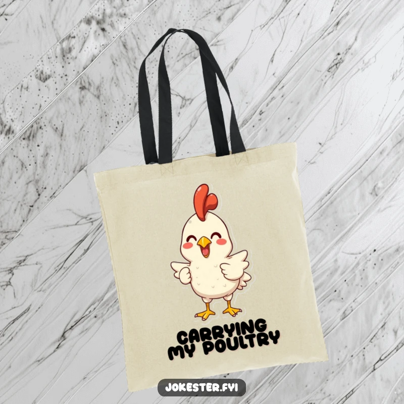 Funny tote bag with a joyful character holding a rubber chicken, poised to squawk. Great for carrying essentials with a smile.