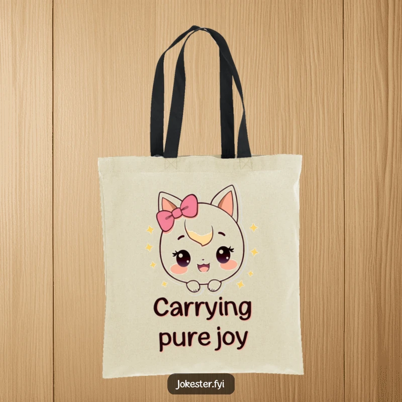 Funny Tote Bag with a happy character surrounded by sparkles, great for shopping and gifting.
