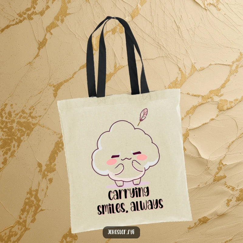 Funny Kawaii character using a feather to tickle a grumpy cloud, making it smile, durable tote bag.