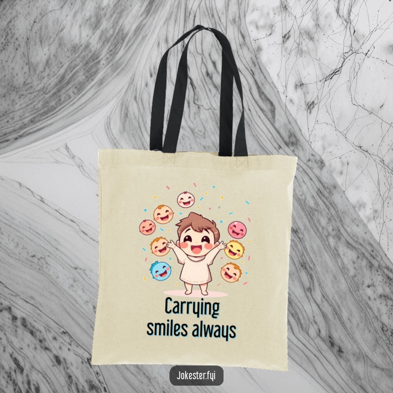 Funny tote bag showing a happy character juggling colorful laughing faces and throwing confetti, great for shopping.