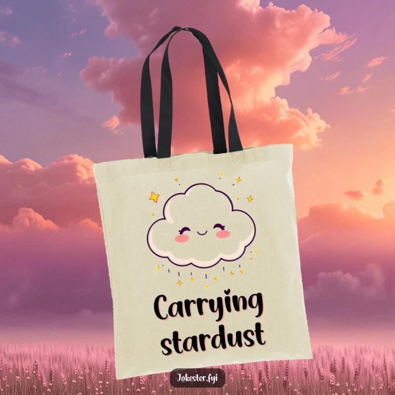 Funny tote bag featuring a cheerful cloud character raining small, sparkling stars with a happy expression.