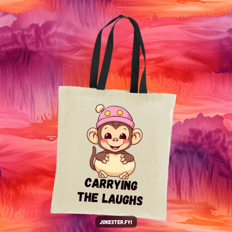 Funny monkey tote bag showing a smiling monkey wearing a silly hat and holding a whoopee cushion, great for shopping.