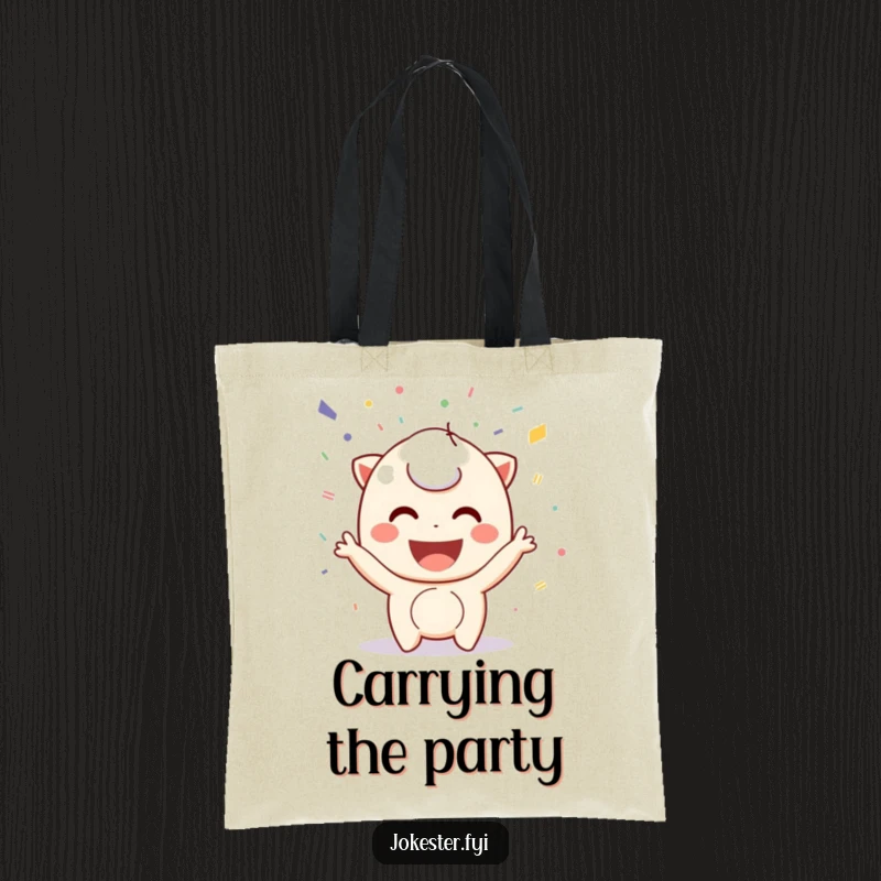 Funny confetti tote bag, a playful character smiling and throwing colorful confetti. A humorous and functional accessory for everyday use.