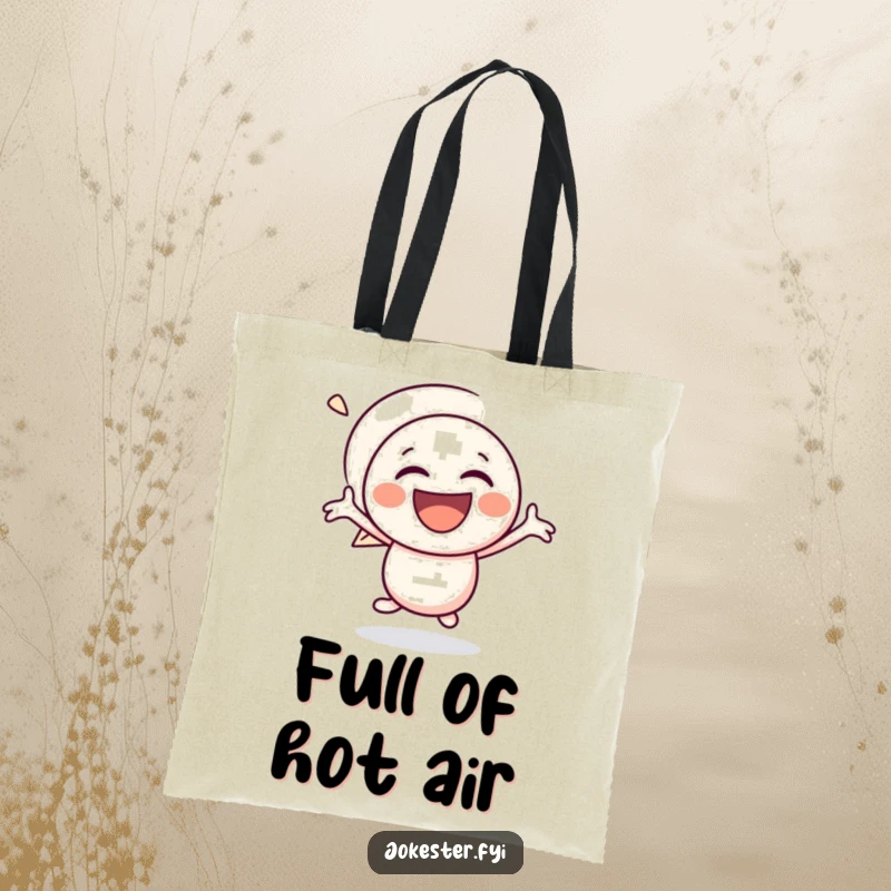 Funny speech bubble tote bag featuring a gleeful character bouncing with laughter, a vibrant and portable source of amusement.