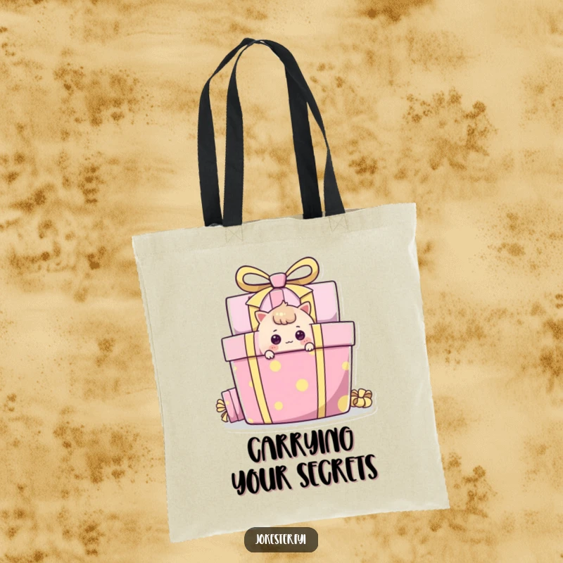 Funny Tote Bag with a curious character peeking around a colorful gift box, great for shopping and gifting.