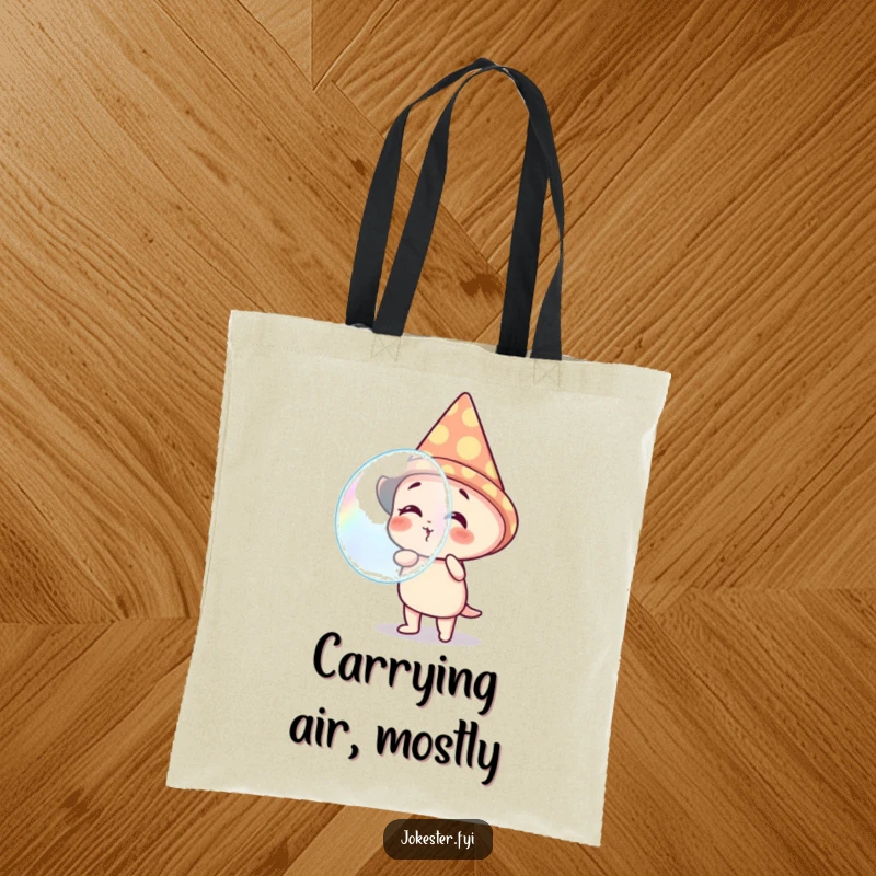 Funny tote bag depicting a cheerful, giggling character in a cone hat, expertly blowing a gigantic, iridescent bubble. A portable piece of joy.