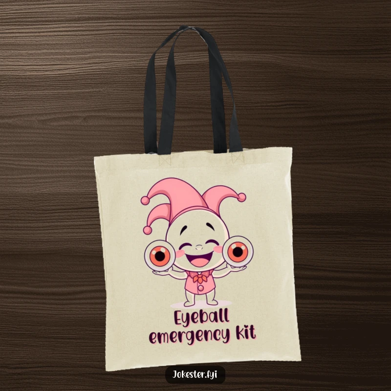 Funny tote bag with a laughing jester in a hat juggling oversized, wobbly eyeballs, perfect for carrying essentials humorously.