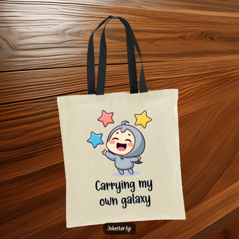 Funny juggling stars tote bag, a giggling character delighting in tossing colorful stars. A humorous and functional accessory for daily use.