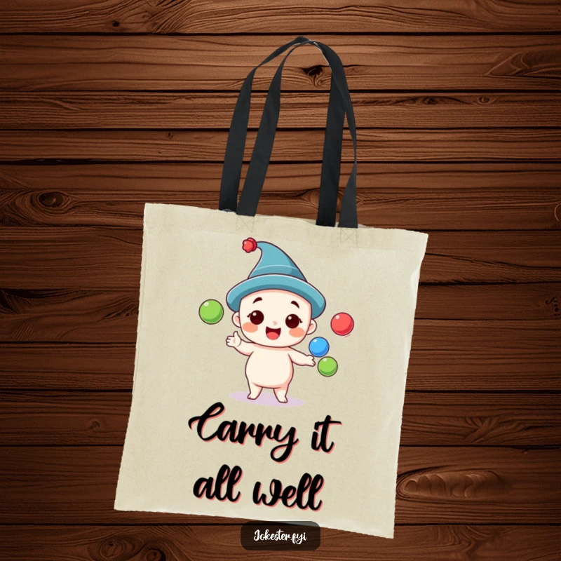 Funny juggling tote bag with a cheerful character in a silly hat, masterfully juggling three colorful balls, ready for errands.