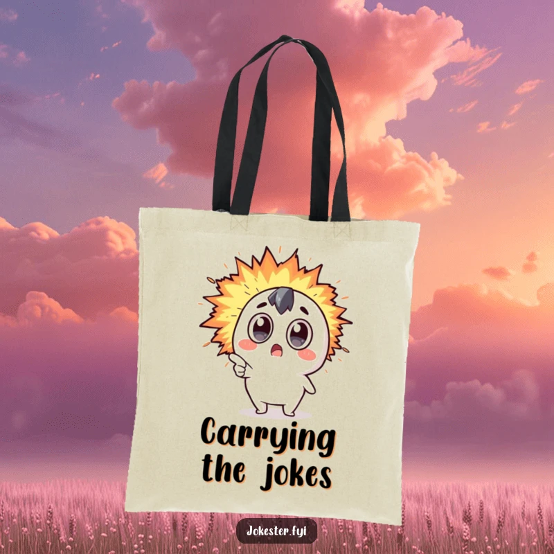 Funny Kawaii character with surprised eyes pointing at a colorful explosion of humor on a fun and functional tote bag.