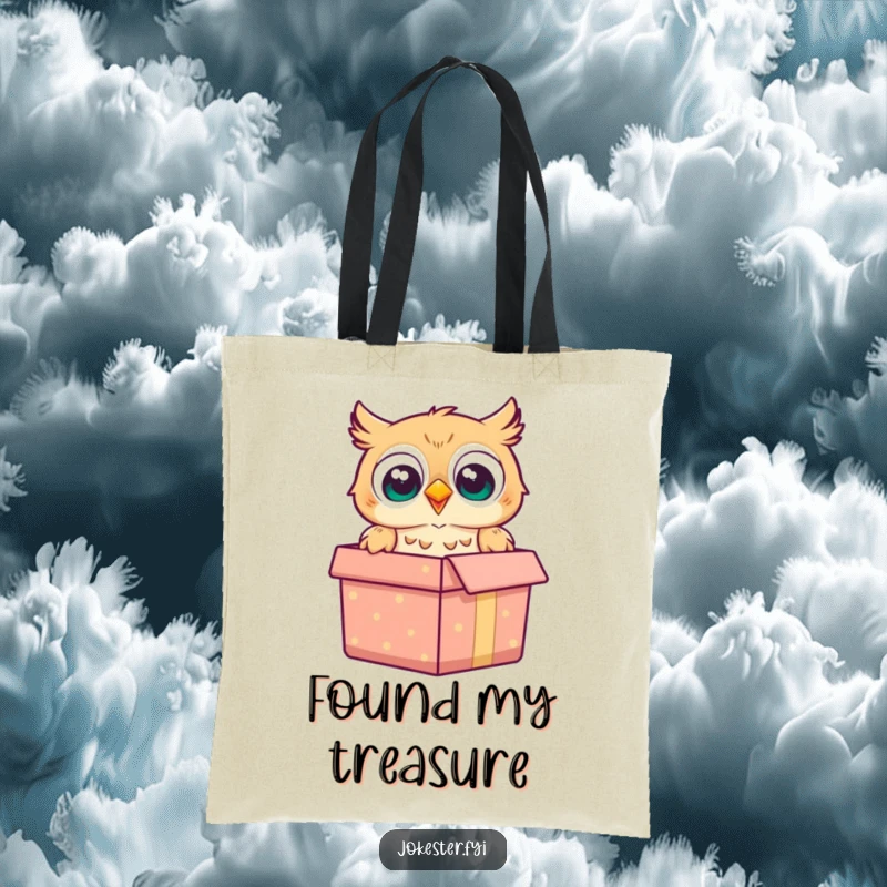 Funny owl tote bag showing a cheerful owl popping out of a gift box with a surprised expression, great for shopping.